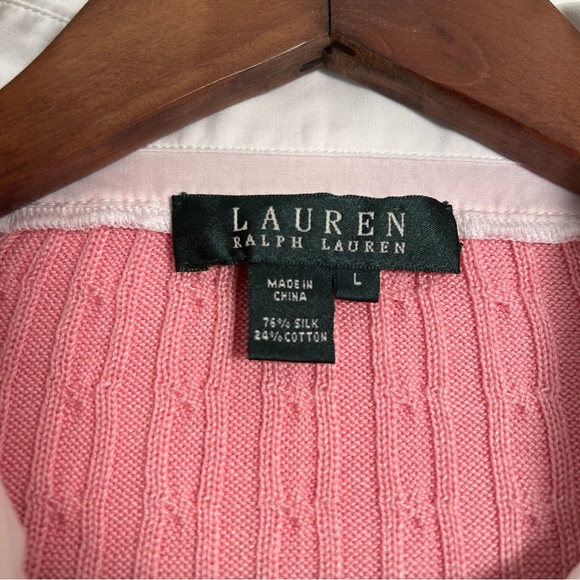 Lauren Ralph Lauren Silk Cable Knit Sweater Large Pink Soft Girl Tennis Preppy - Picture 8 of 8